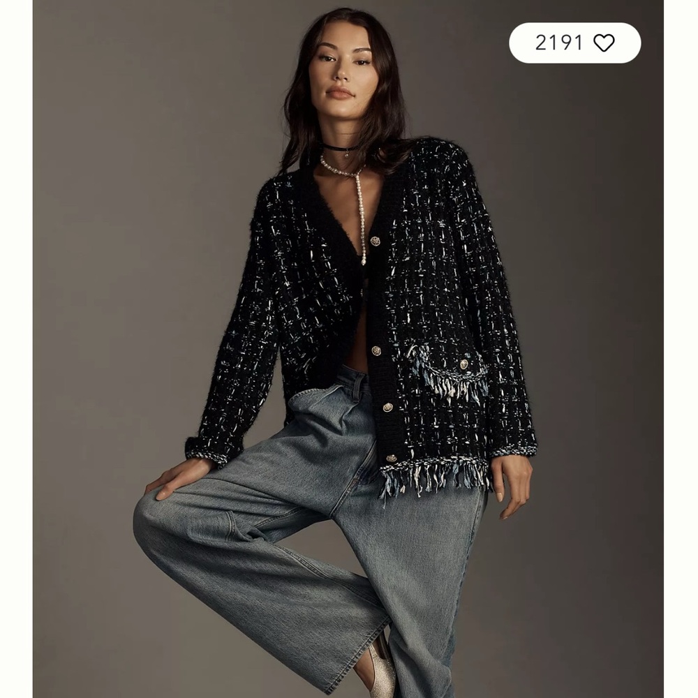 Anthropologie tweed fringe cardigan sweater